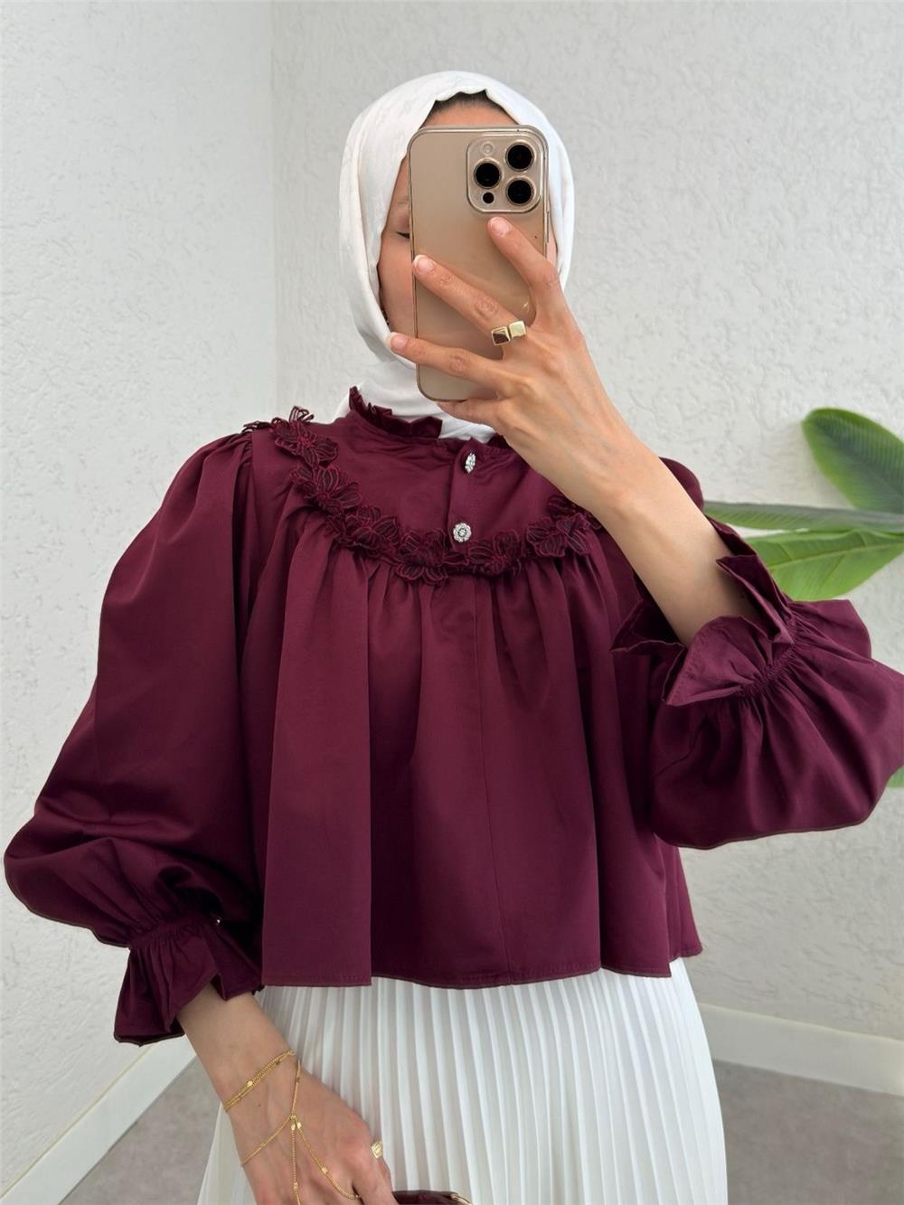 Kolu Lastikli Çiçek Detaylı Gömlek -Bordo-307-2317-R04
