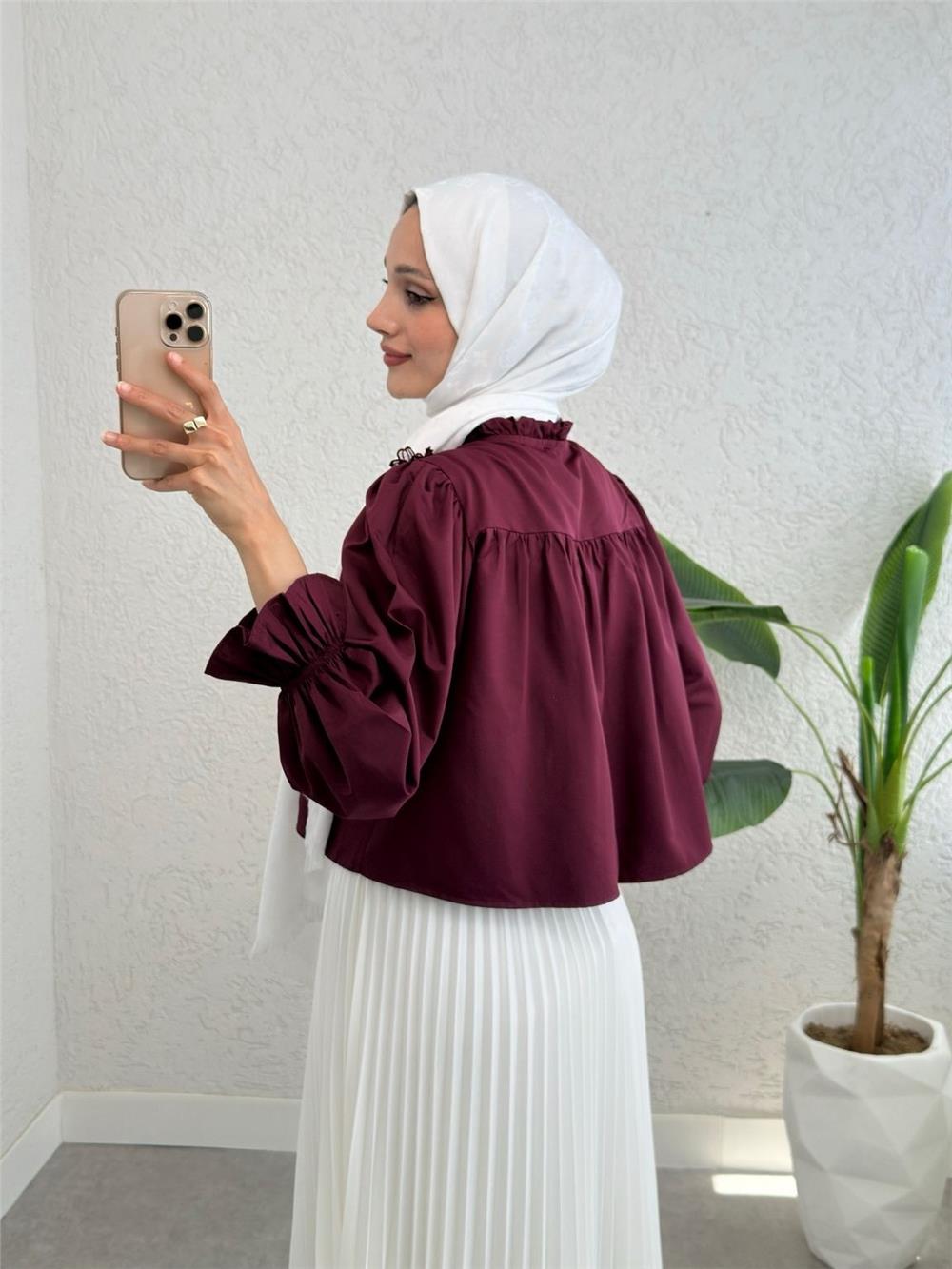 Kolu Lastikli Çiçek Detaylı Gömlek -Bordo-307-2317-R04