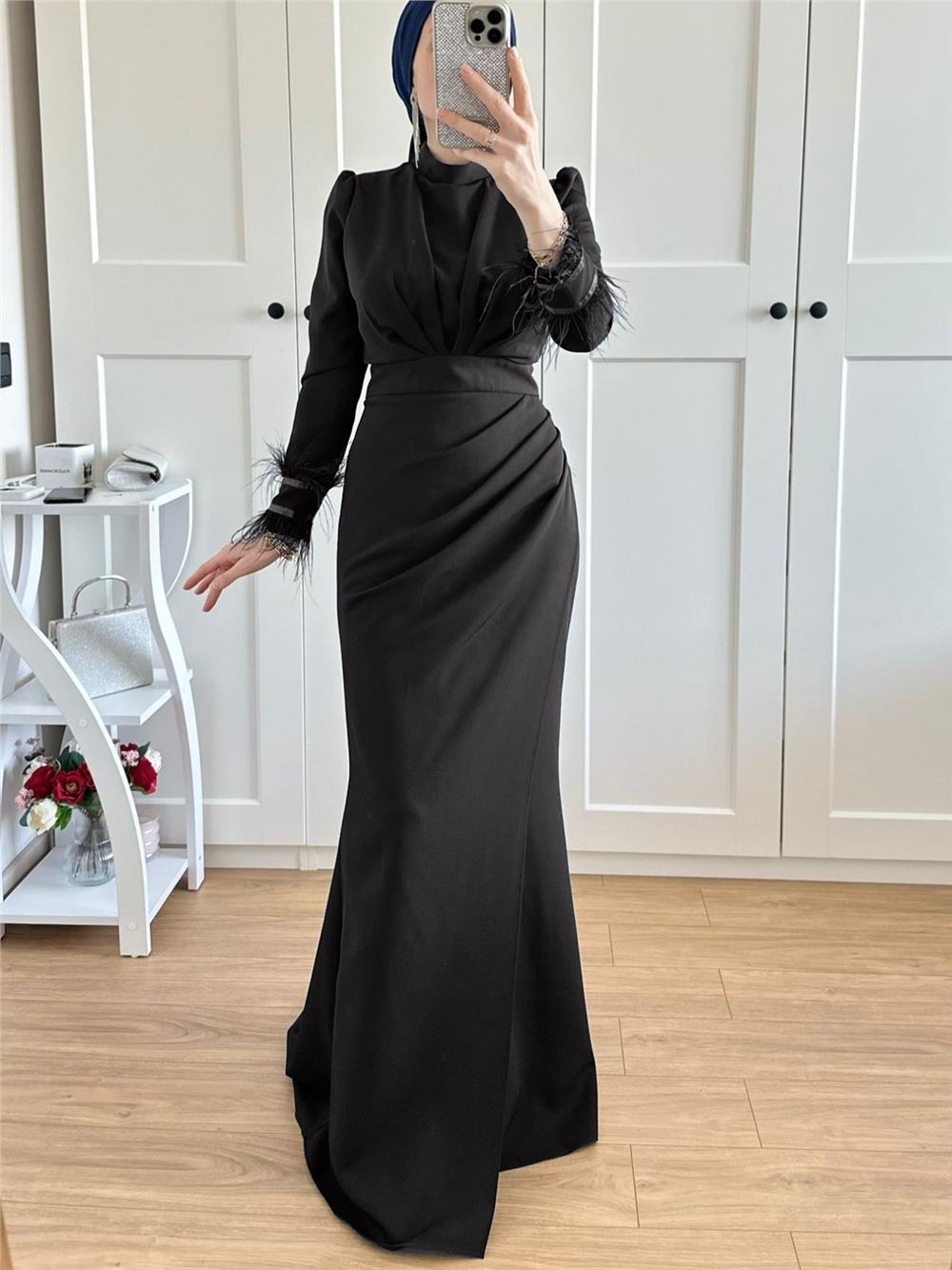 Kolu Tüy Detaylı Eteği Çift Kat Abiye -Siyah-316-4531-R01