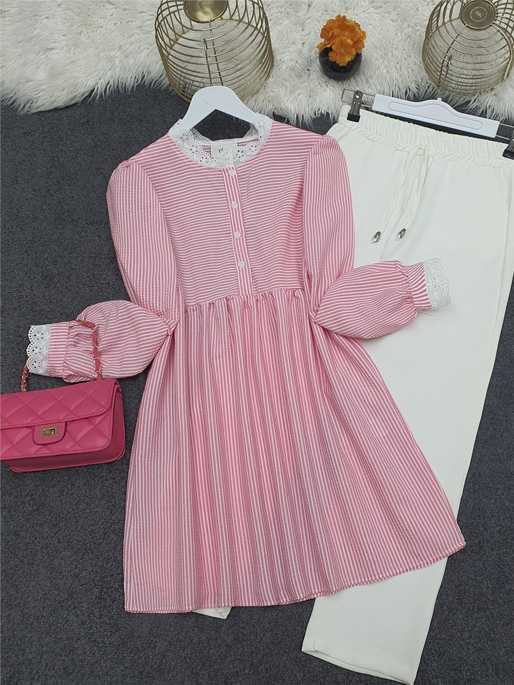 Wrinkled Tunic with Scalloped Sleeves and Collar -Pink-238-2472-R20