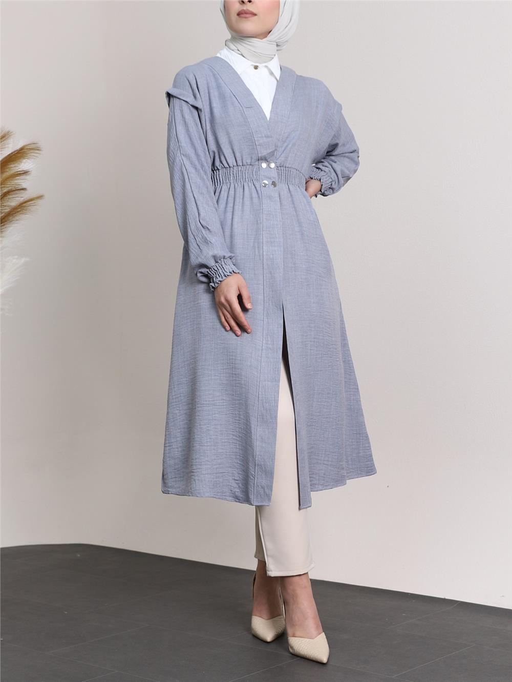 Linen Cap with Elastic Sleeves and Waist and Snap Fasteners - Gray-349-4067-R11