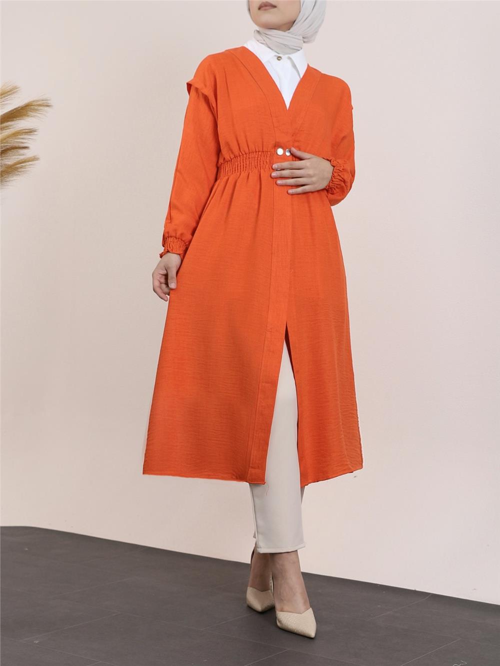Linen Cap with Elastic Sleeves and Waist and Snap Fasteners -Orange-349-4067-R16