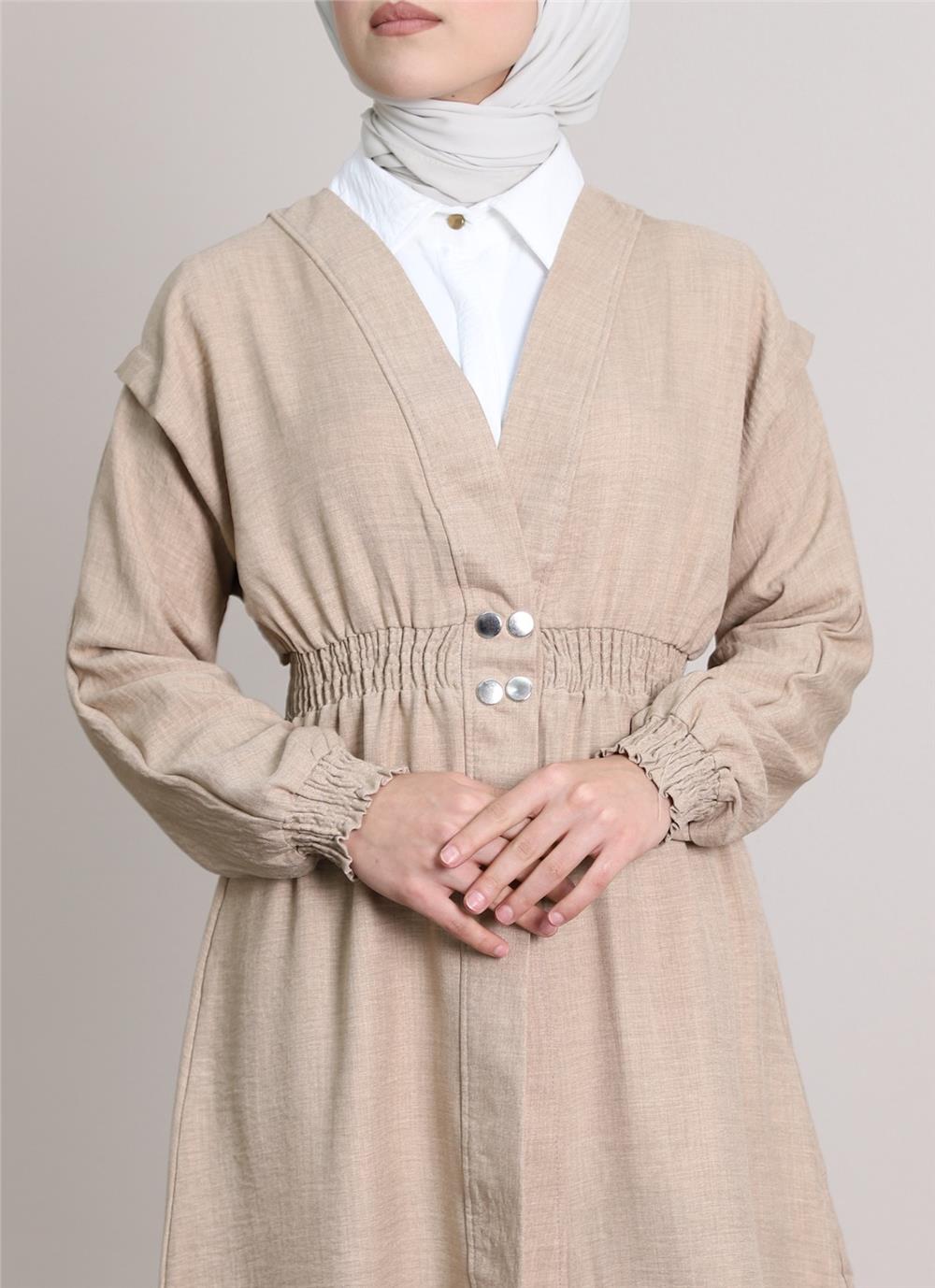 Linen Cap with Elastic Sleeves and Waist and Snap Fasteners -Mink-349-4067-R23