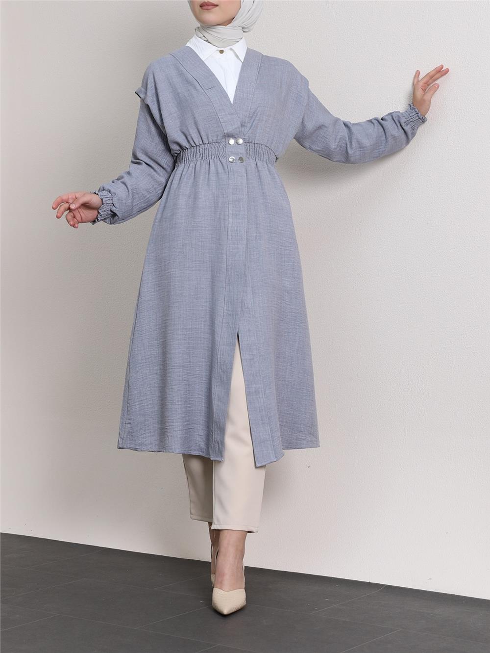 Linen Cap with Elastic Sleeves and Waist and Snap Fasteners - Gray-349-4067-R11