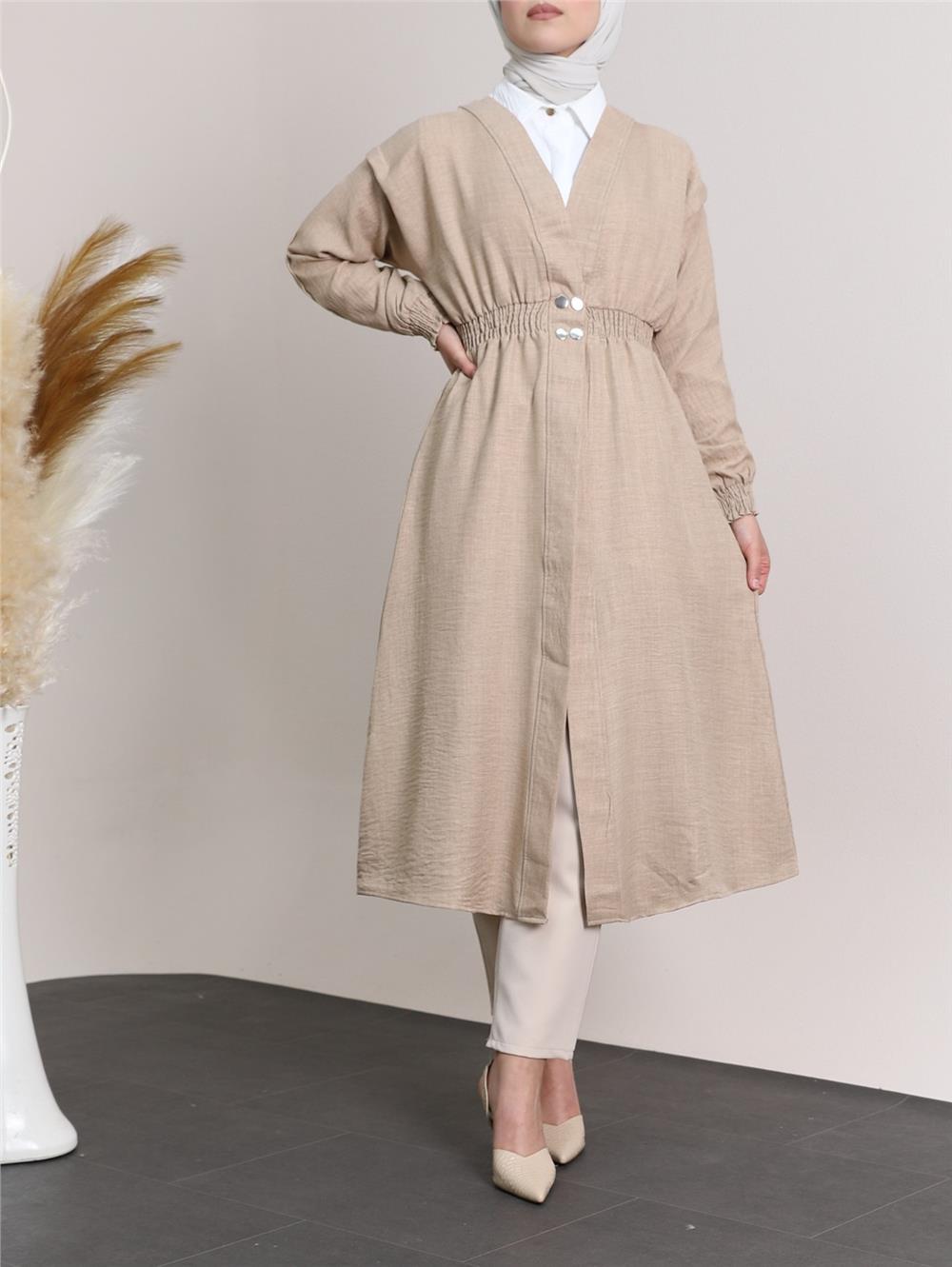 Linen Cap with Elastic Sleeves and Waist and Snap Fasteners -Mink-349-4067-R23