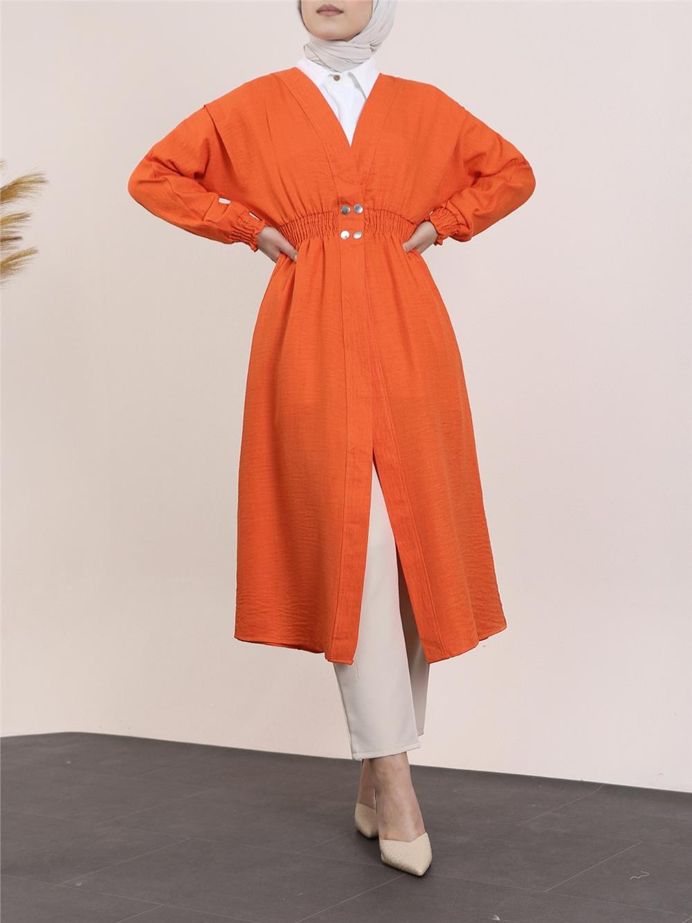 Linen Cap with Elastic Sleeves and Waist and Snap Fasteners -Orange-349-4067-R16