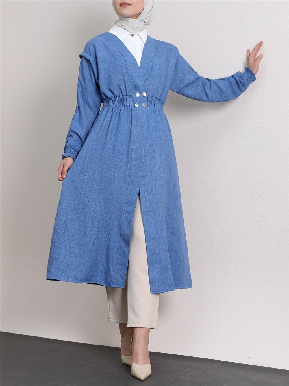 Linen Cap with Elastic Sleeves and Waist and Snap Fasteners - Indigo-349-4067-R21