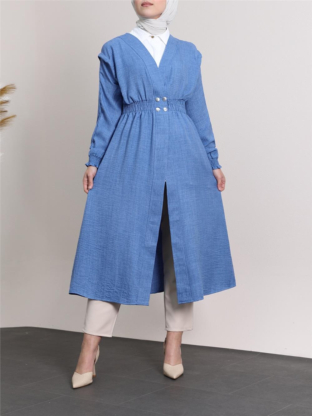 Linen Cap with Elastic Sleeves and Waist and Snap Fasteners - Indigo-349-4067-R21