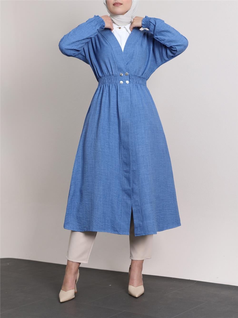 Linen Cap with Elastic Sleeves and Waist and Snap Fasteners - Indigo-349-4067-R21