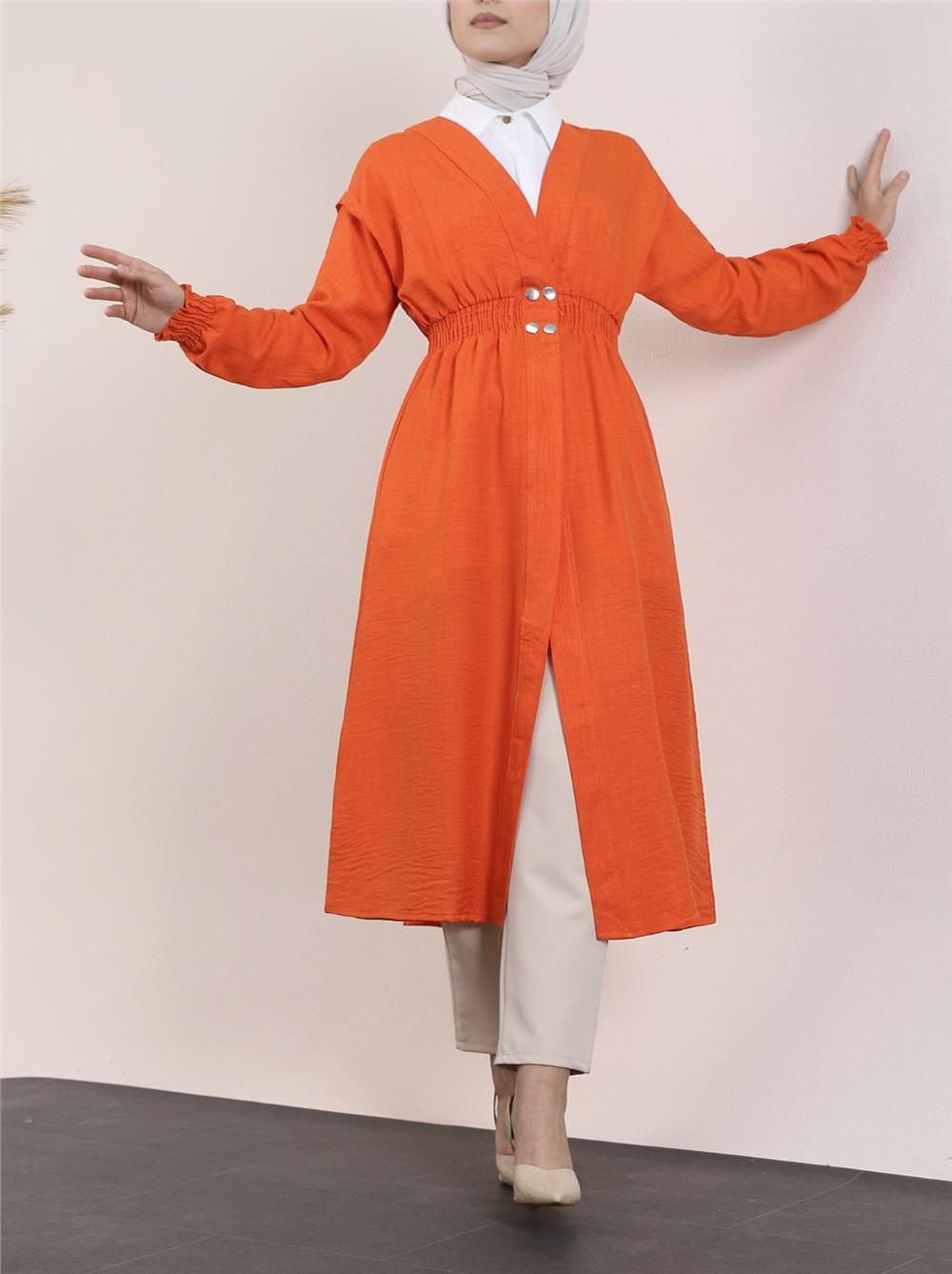 Linen Cap with Elastic Sleeves and Waist and Snap Fasteners -Orange-349-4067-R16