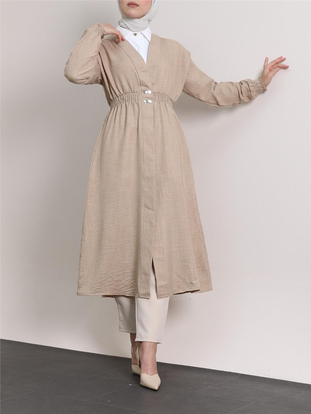 Linen Cap with Elastic Sleeves and Waist and Snap Fasteners -Mink-349-4067-R23