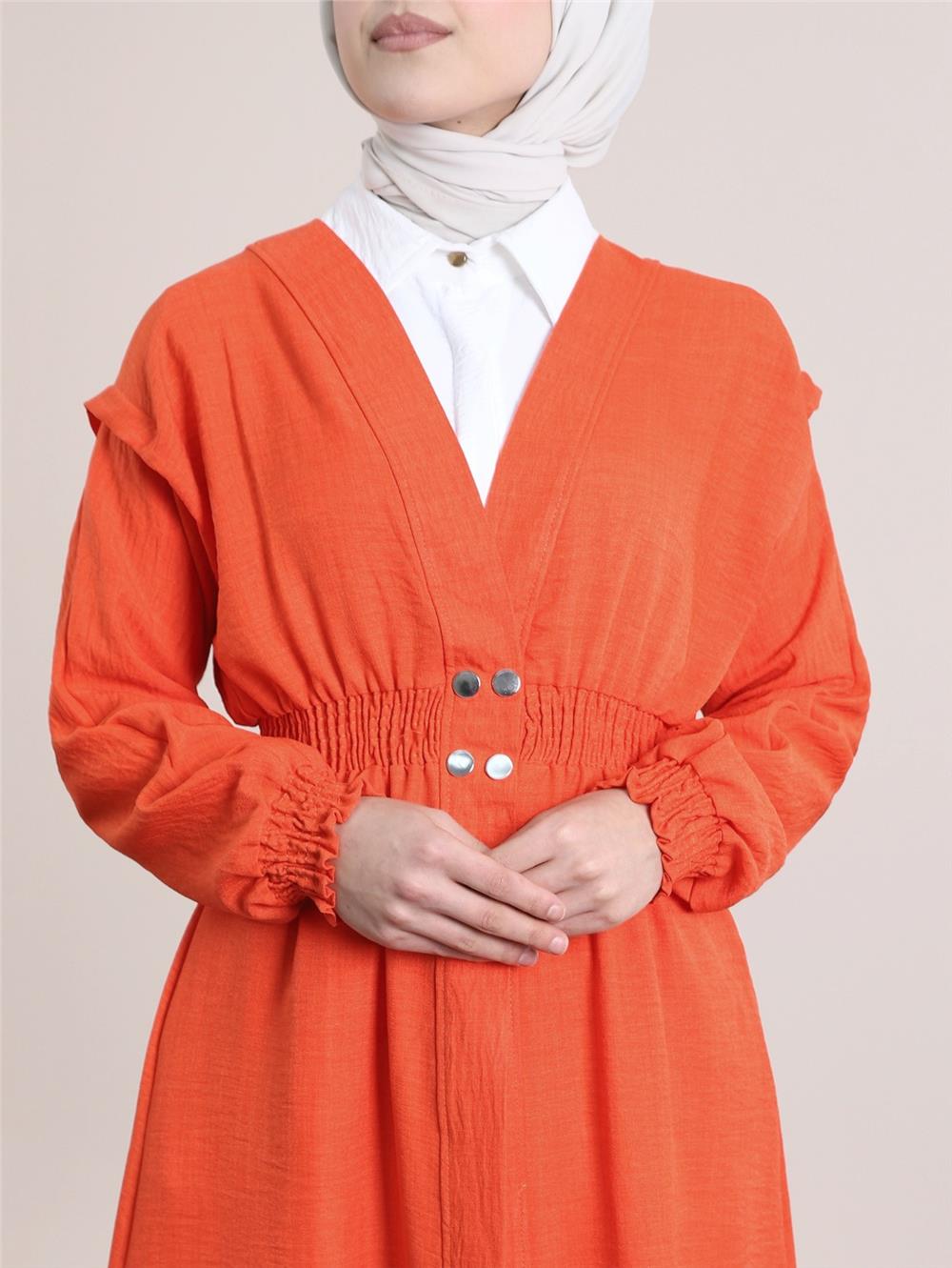 Linen Cap with Elastic Sleeves and Waist and Snap Fasteners -Orange-349-4067-R16