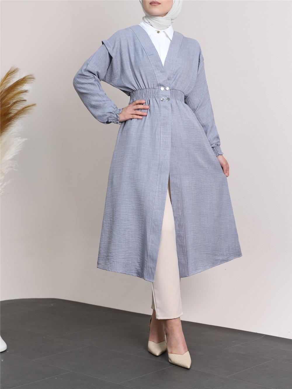 Linen Cap with Elastic Sleeves and Waist and Snap Fasteners - Gray-349-4067-R11