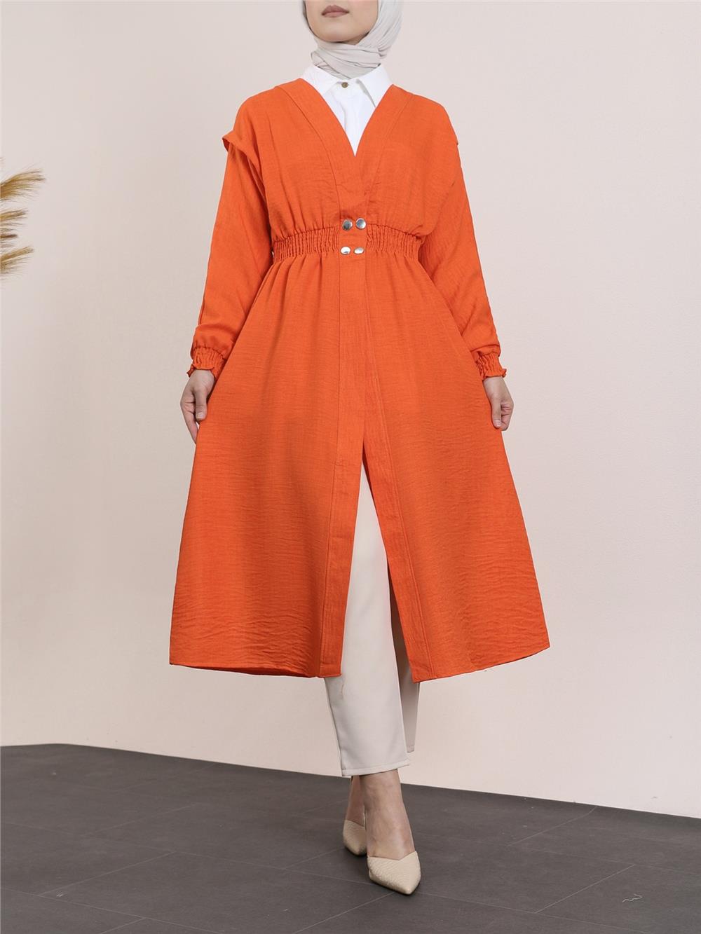 Linen Cap with Elastic Sleeves and Waist and Snap Fasteners -Orange-349-4067-R16