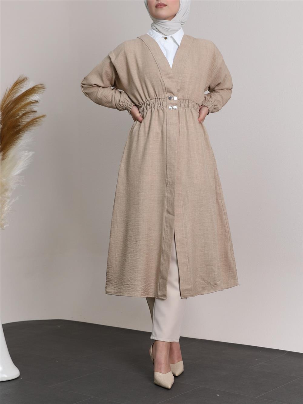 Linen Cap with Elastic Sleeves and Waist and Snap Fasteners -Mink-349-4067-R23