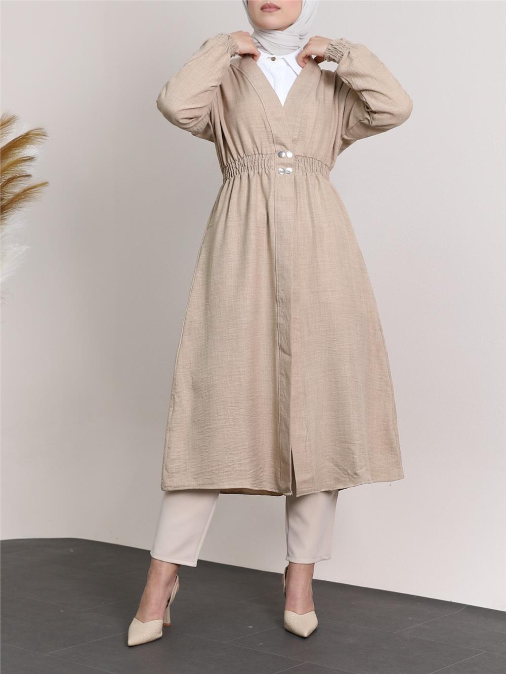 Linen Cap with Elastic Sleeves and Waist and Snap Fasteners -Mink-349-4067-R23