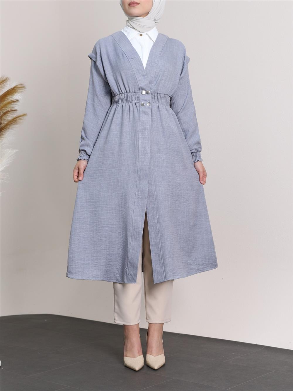 Linen Cap with Elastic Sleeves and Waist and Snap Fasteners - Gray-349-4067-R11