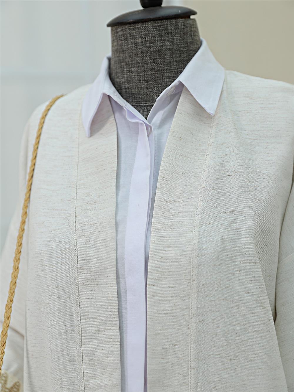 Linen Kimono with Tassel Detail on Sleeves and Skirt - Stone-238-2502-R43