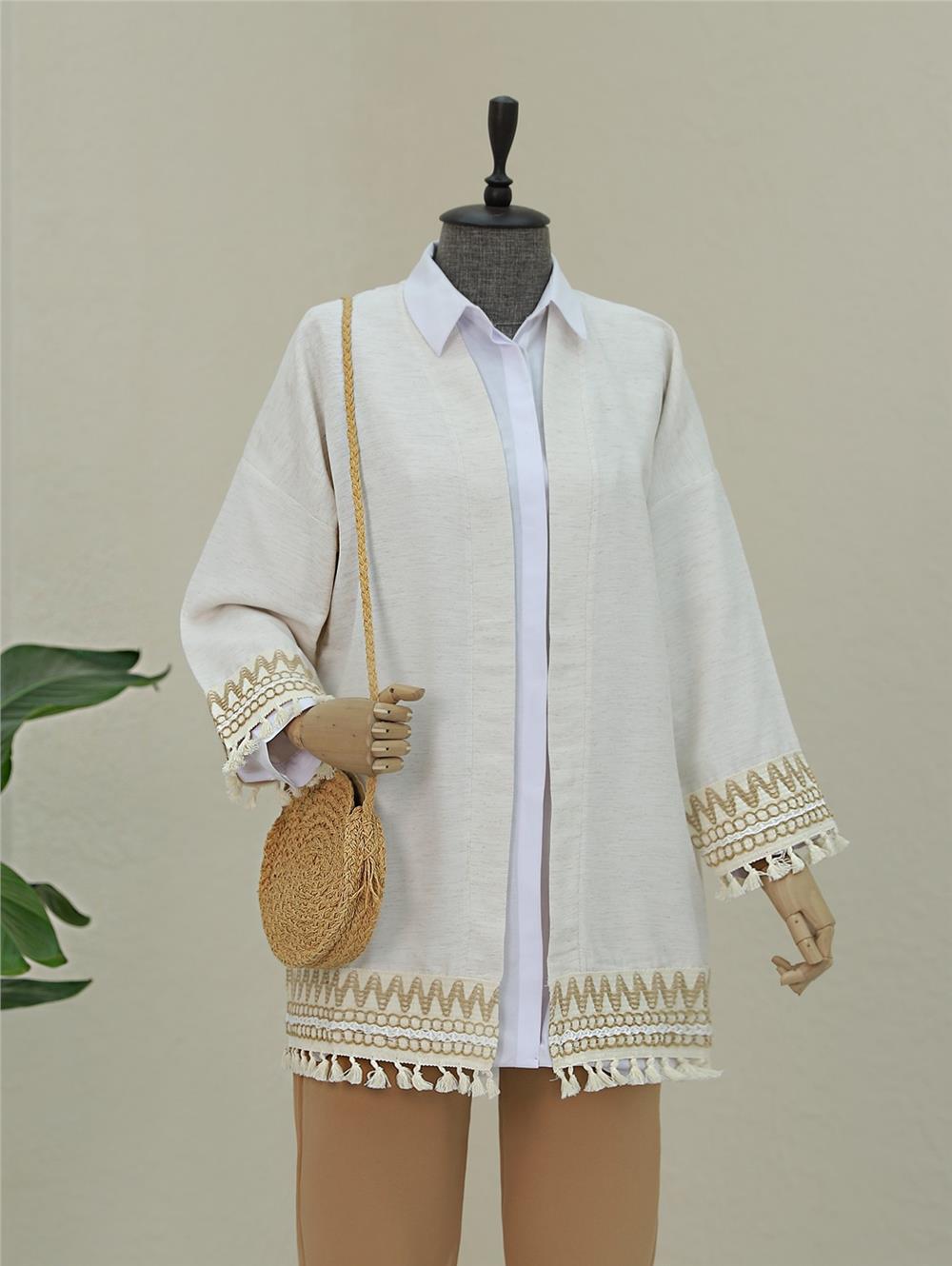 Linen Kimono with Tassel Detail on Sleeves and Skirt - Stone-238-2502-R43
