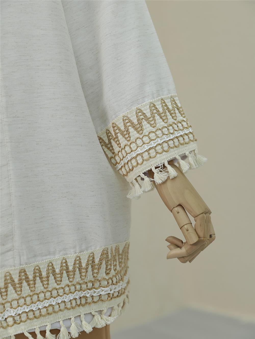 Linen Kimono with Tassel Detail on Sleeves and Skirt - Stone-238-2502-R43