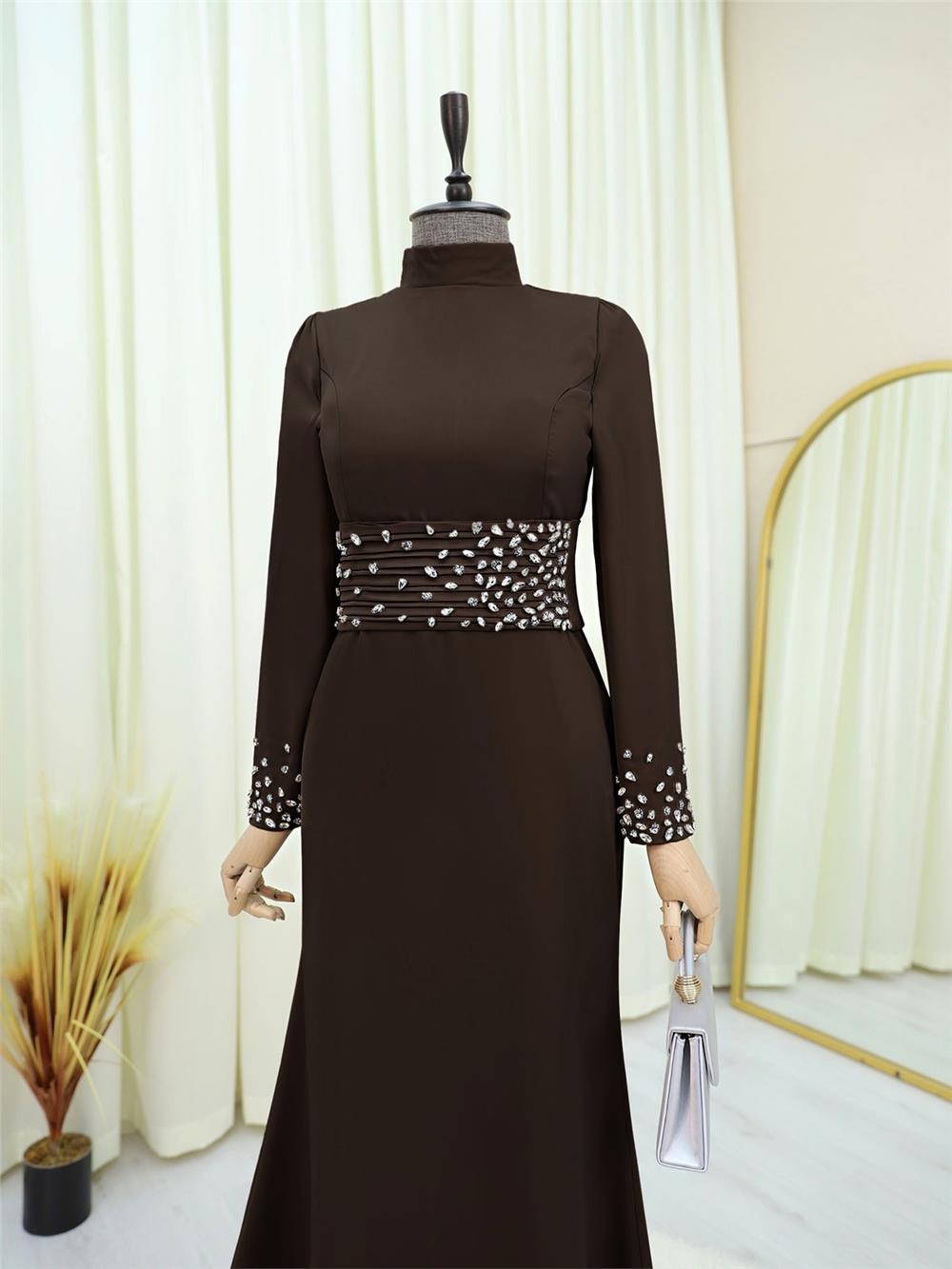 Korse Kemerli Taşlı Saten Abiye  -K. Kahve-316-4640-R54