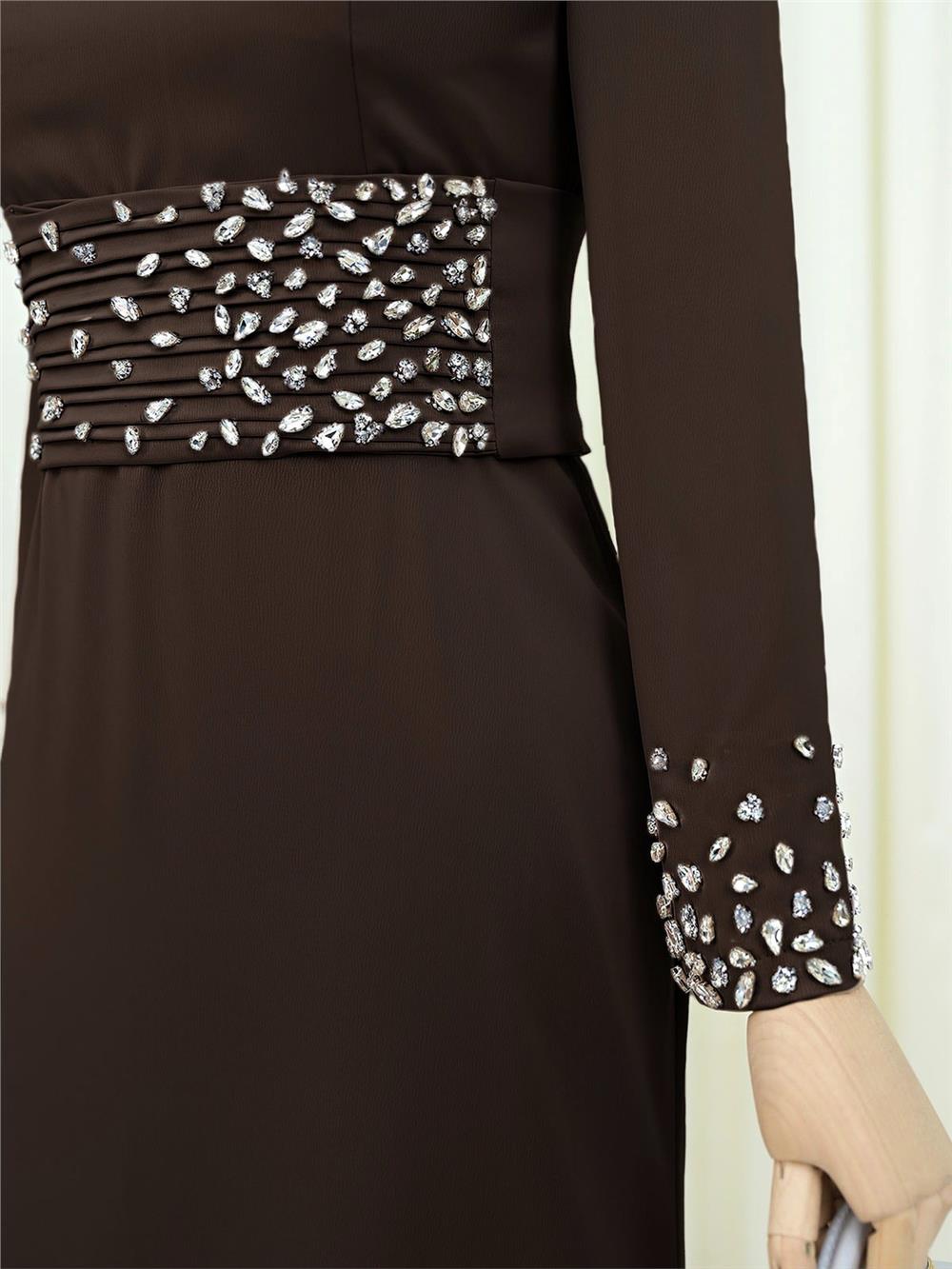 Korse Kemerli Taşlı Saten Abiye  -K. Kahve-316-4640-R54