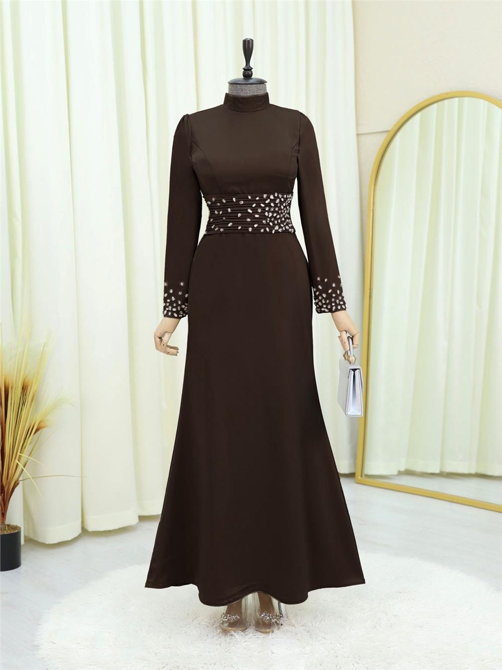 Korse Kemerli Taşlı Saten Abiye  -K. Kahve-316-4640-R54