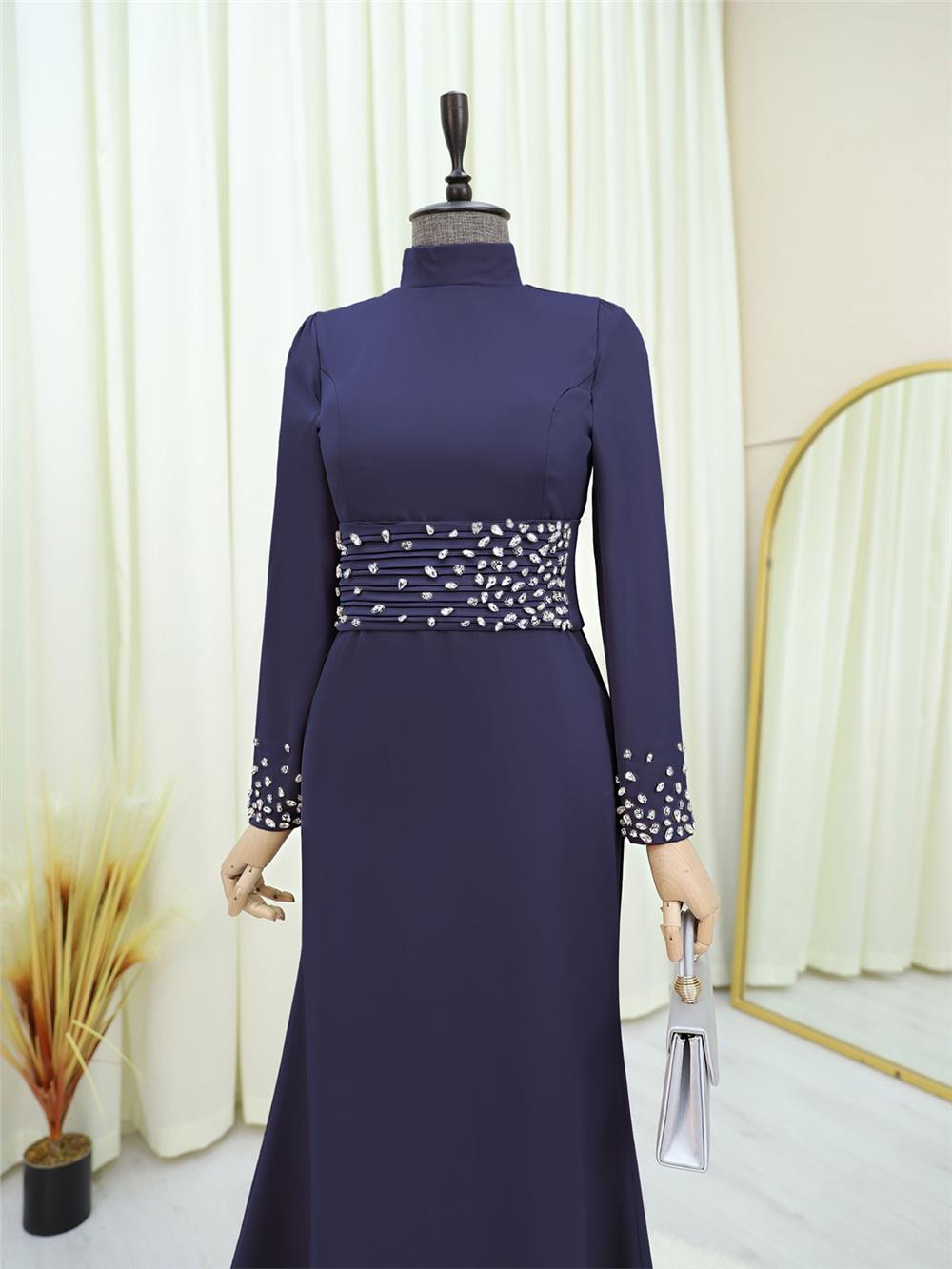 Korse Kemerli Taşlı Saten Abiye  -Laci-316-4640-R03