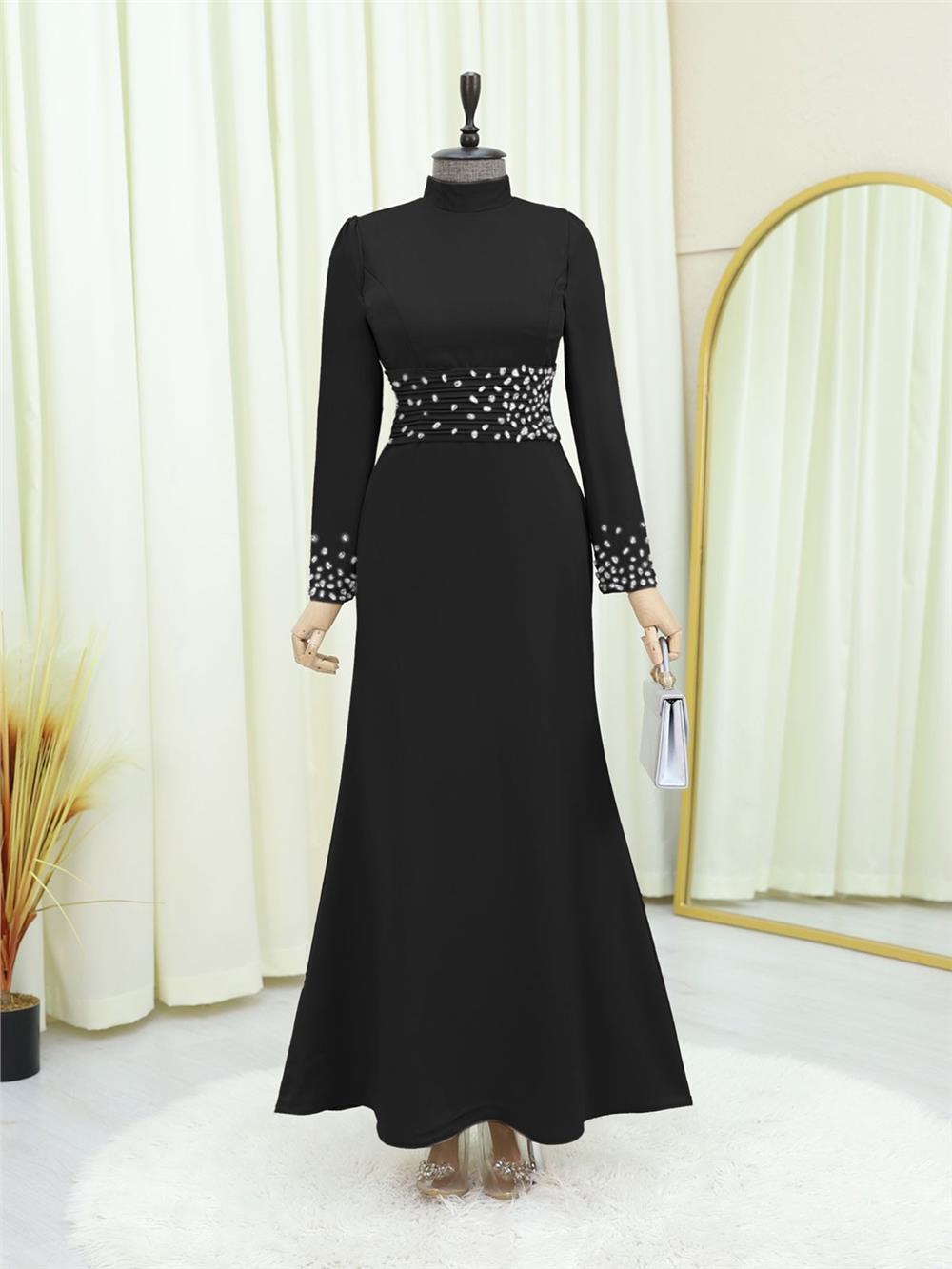 Korse Kemerli Taşlı Saten Abiye  -Siyah-316-4640-R01