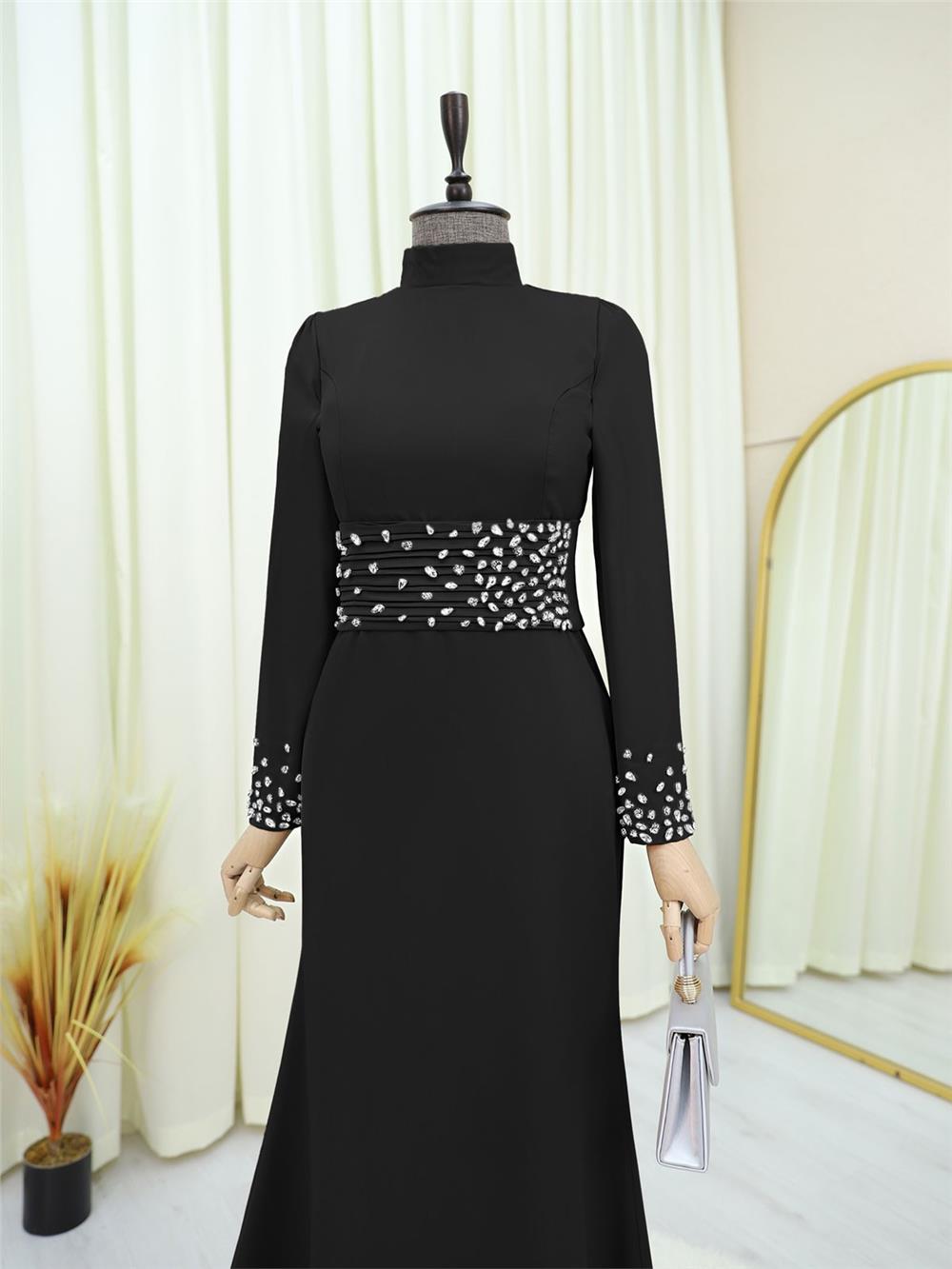 Korse Kemerli Taşlı Saten Abiye  -Siyah-316-4640-R01