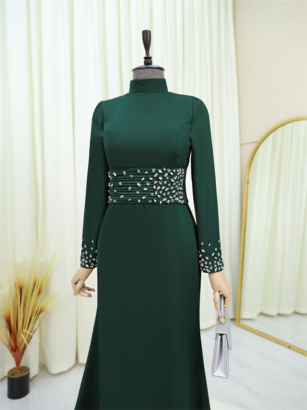 Korse Kemerli Taşlı Saten Abiye  -Zümrüt-316-4640-R17