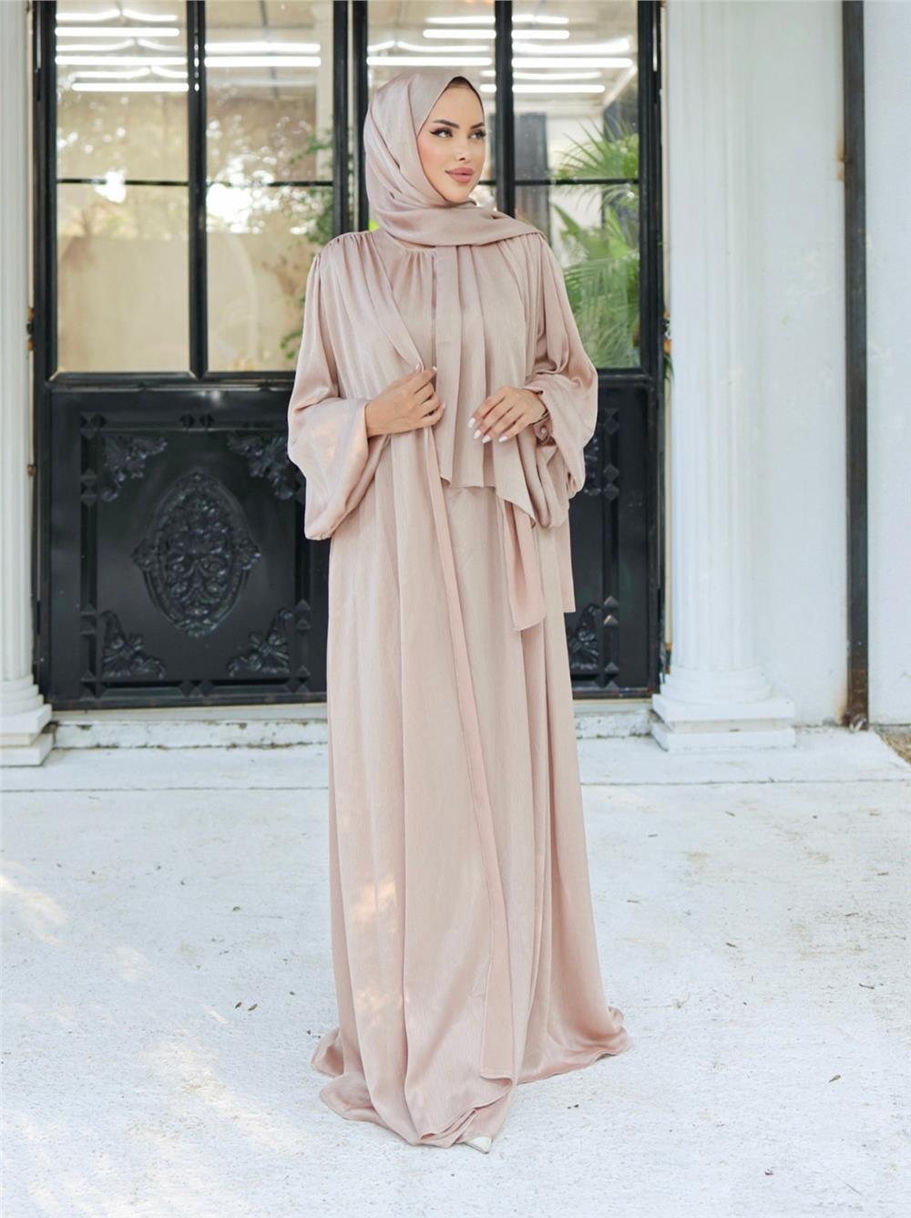 Krinkıl İpek Saten 3'lü Abaya Takım -Bej-286-1453-R56