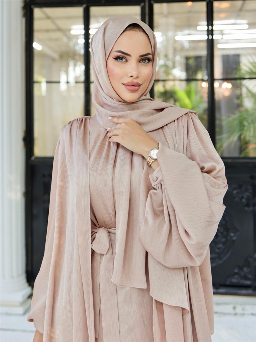 Krinkıl İpek Saten 3'lü Abaya Takım -Bej-286-1453-R56