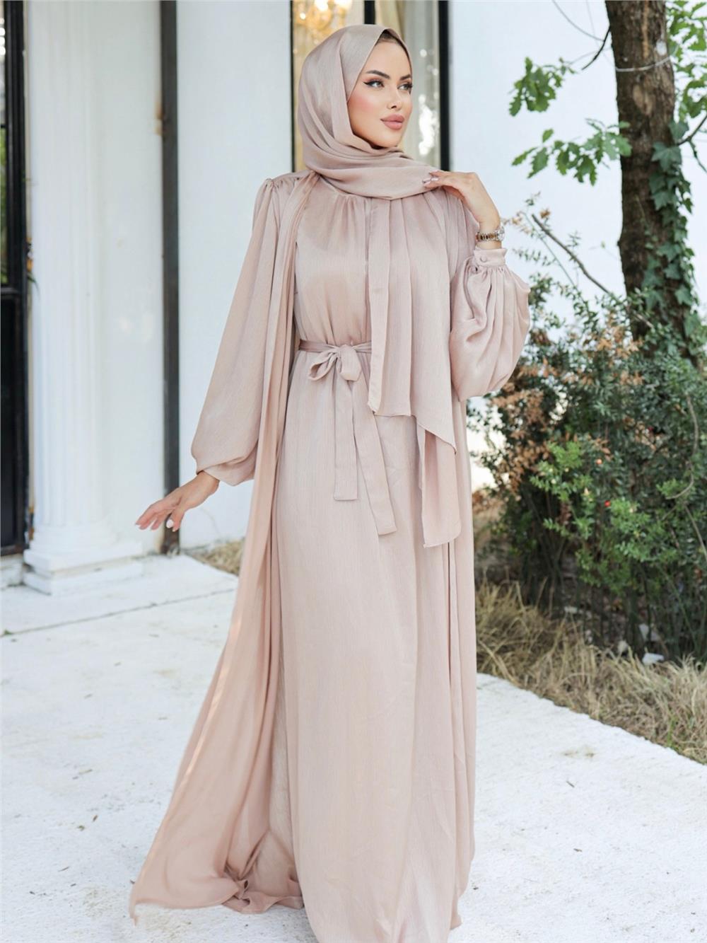Krinkıl İpek Saten 3'lü Abaya Takım -Bej-286-1453-R56