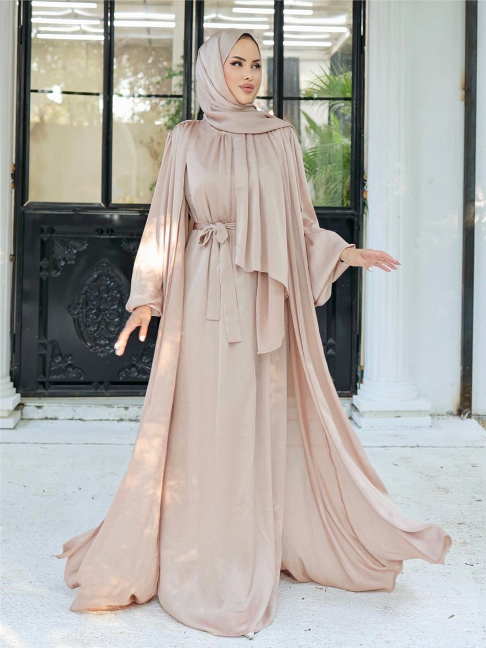 Krinkıl İpek Saten 3'lü Abaya Takım -Bej-286-1453-R56