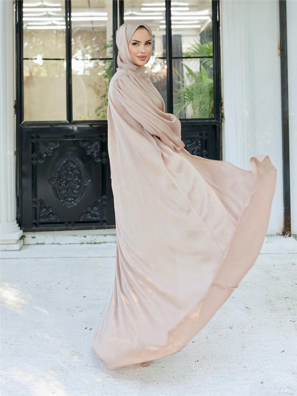 Krinkıl İpek Saten 3'lü Abaya Takım -Bej-286-1453-R56