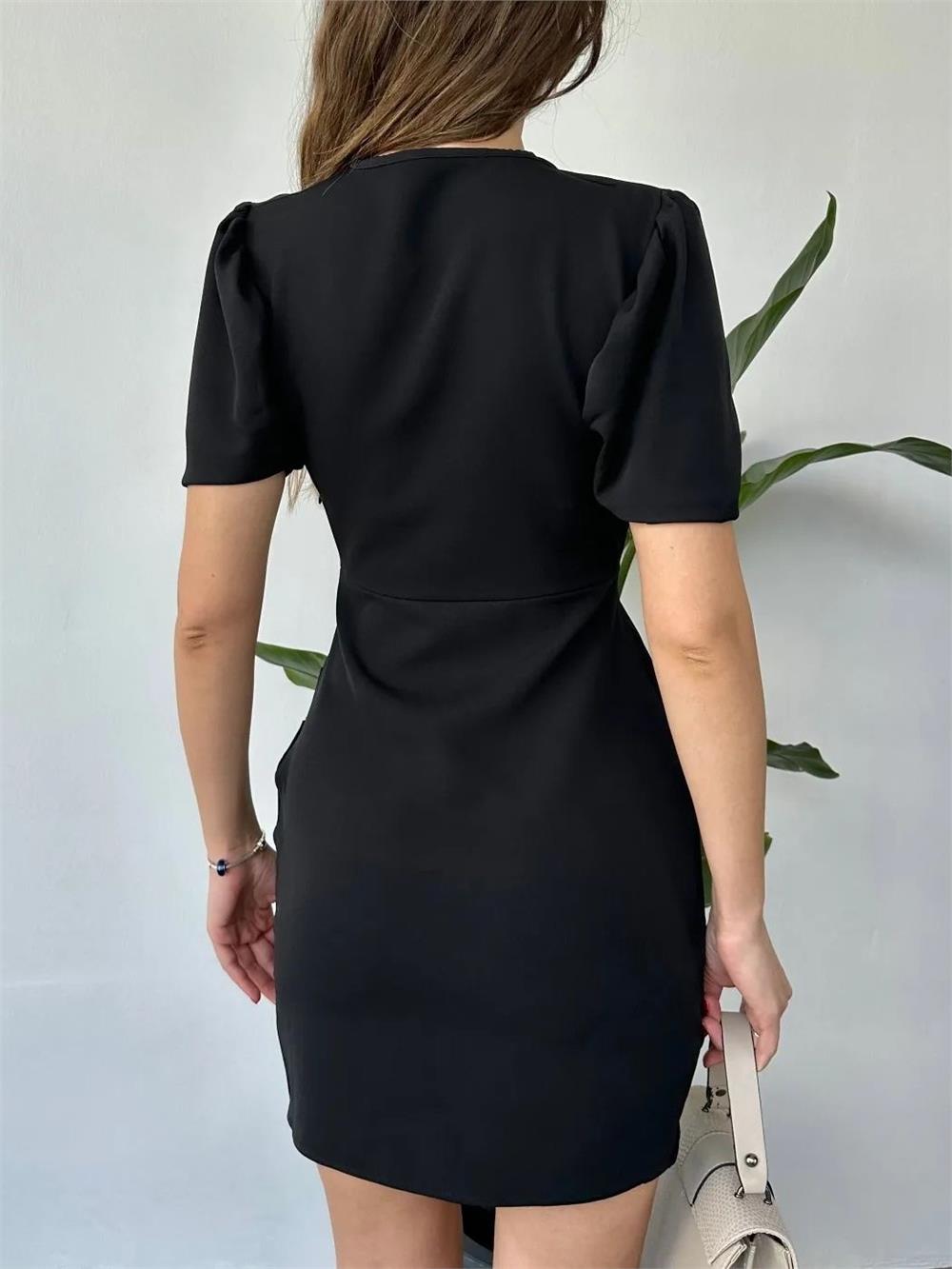 Double Breasted Neckline Shoulder Gathered Layered Dress - Black-365-10100-R01
