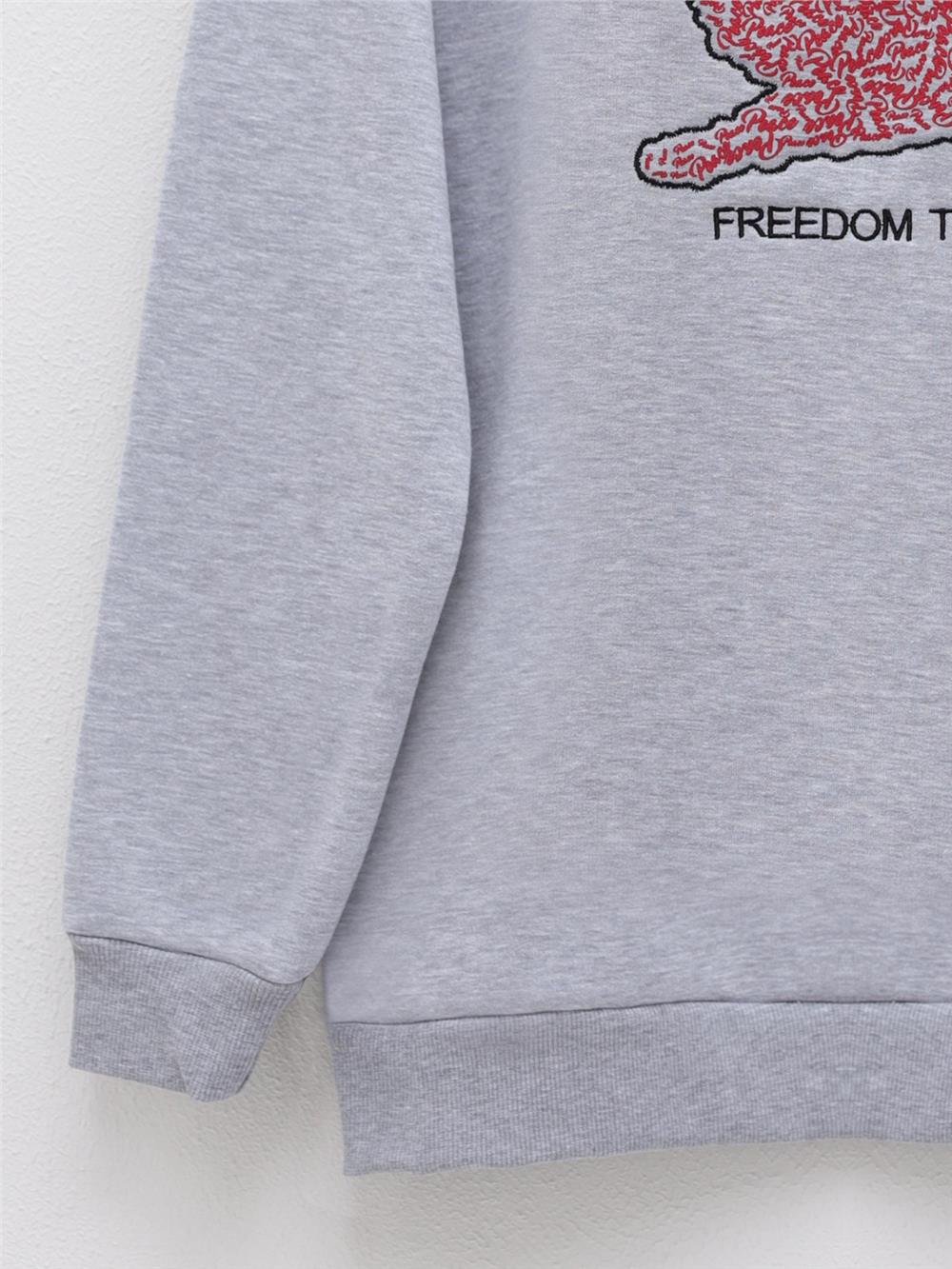 Kuş Baskılı Şardonlu Bisiklet Yaka Sweat -Gri-357-3051-R11