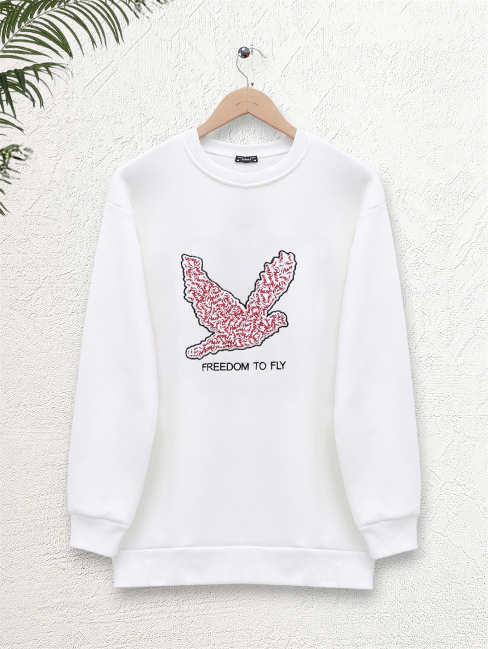 Bird Printed Rose Gold Crew Neck Sweat -White-357-3051-R02