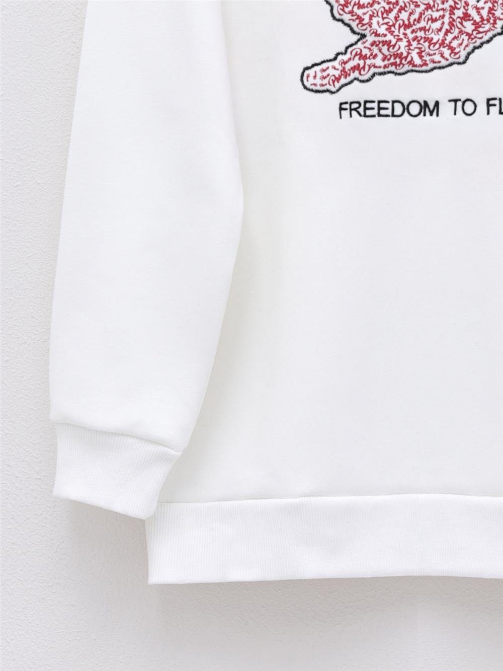 Bird Printed Rose Gold Crew Neck Sweat -White-357-3051-R02