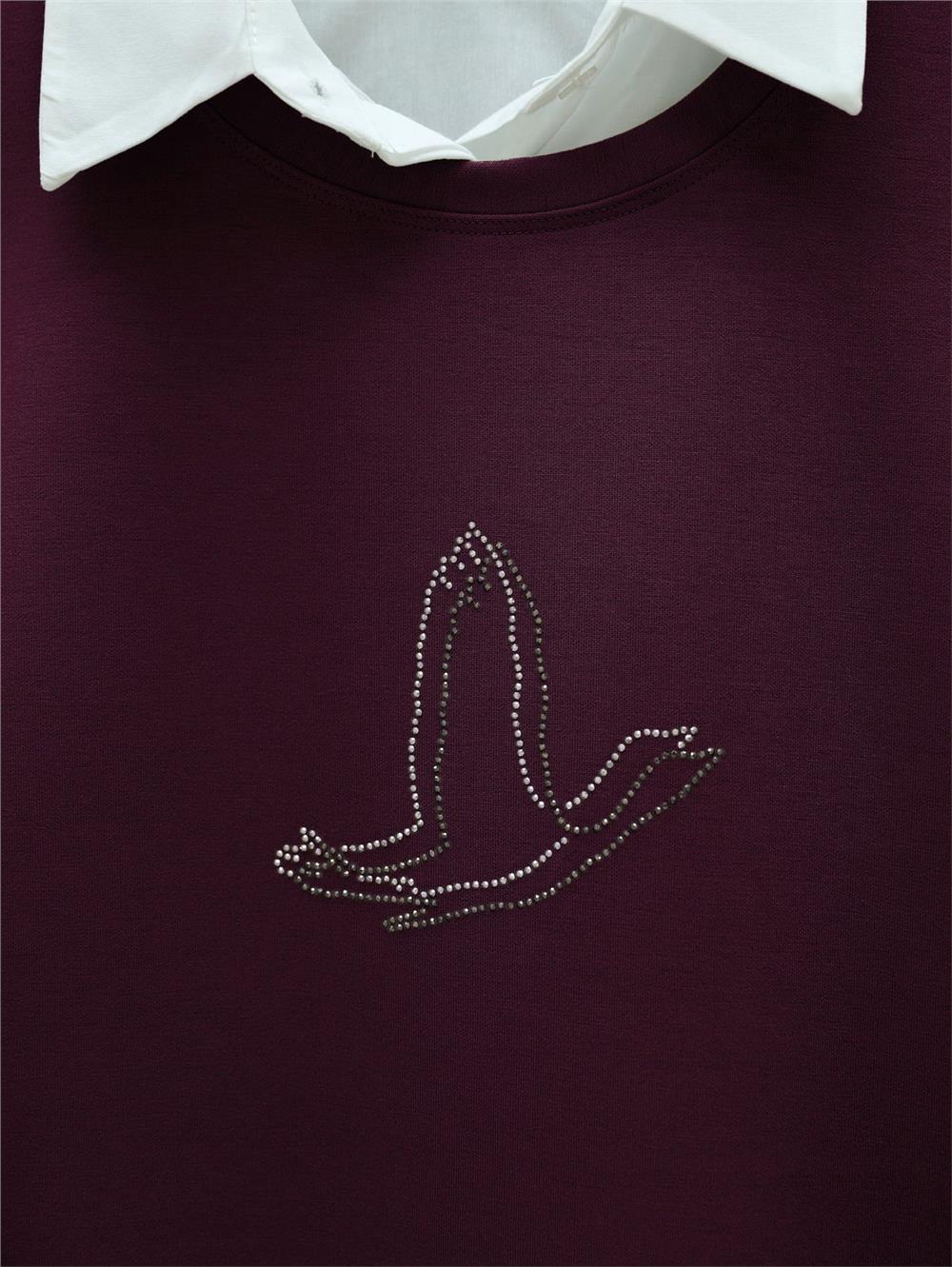 Kuş Desenli Taşlı Osyho Tunik  -Bordo-104-1420-R04