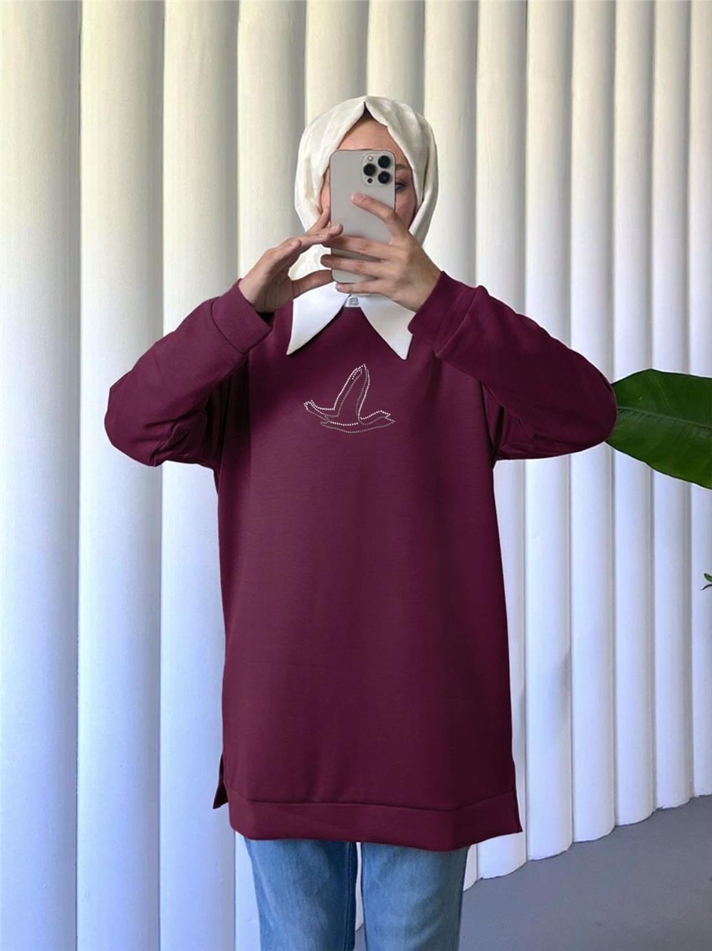 Kuş Desenli Taşlı Osyho Tunik  -Bordo-104-1420-R04