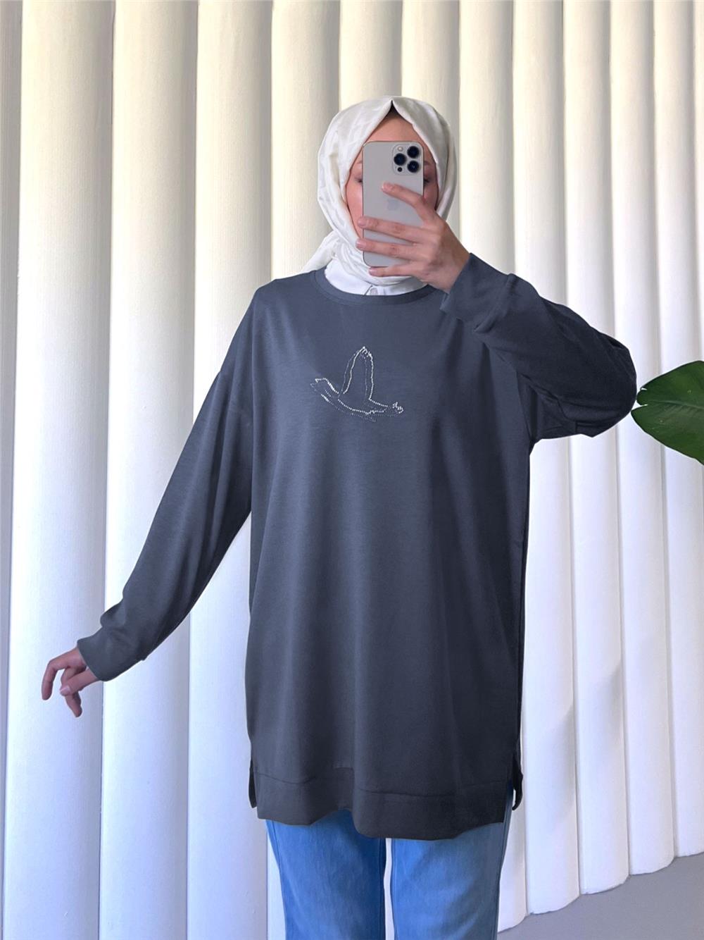 Kuş Desenli Taşlı Osyho Tunik  -Füme-104-1420-R18