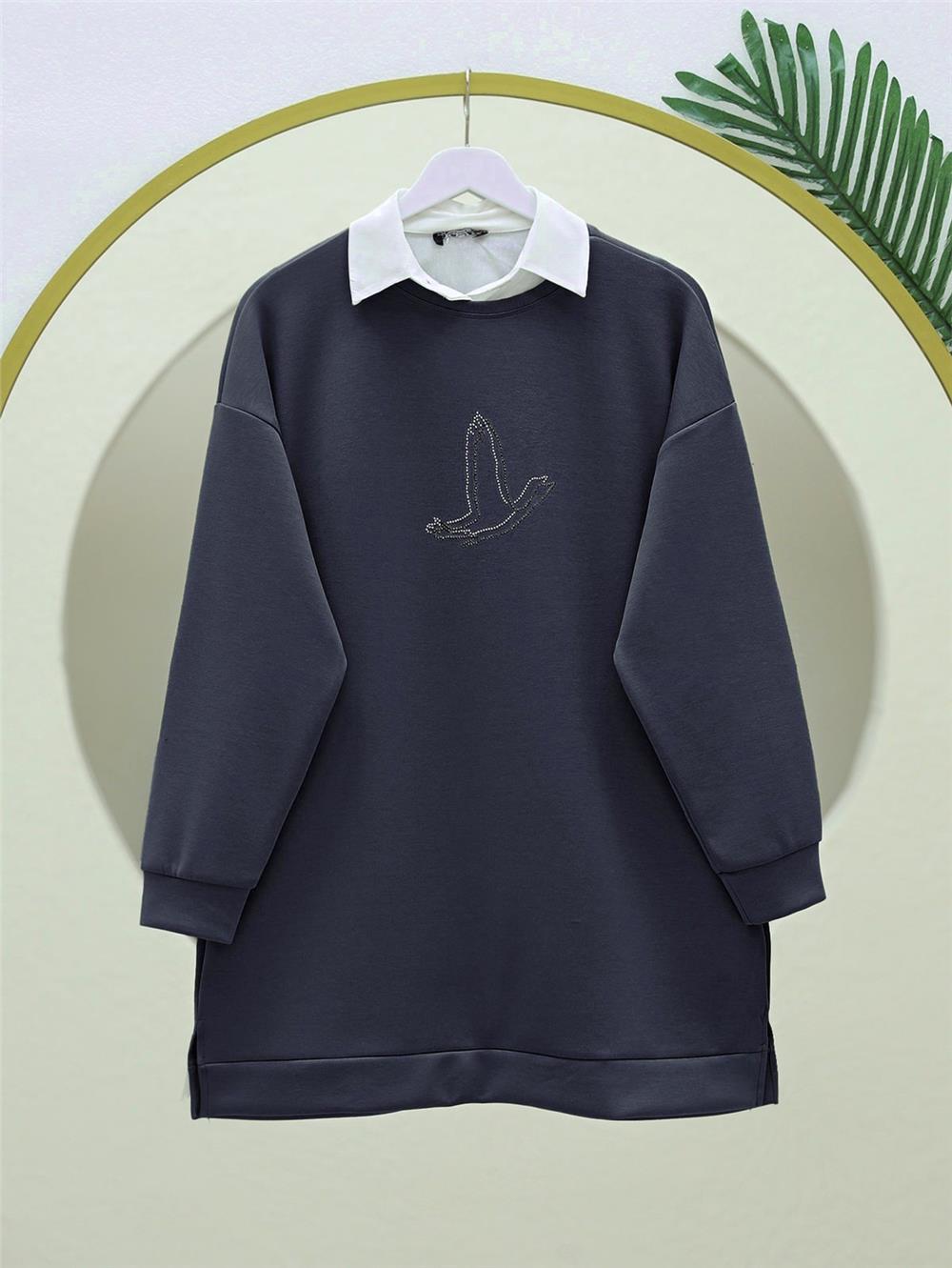 Kuş Desenli Taşlı Osyho Tunik  -Füme-104-1420-R18