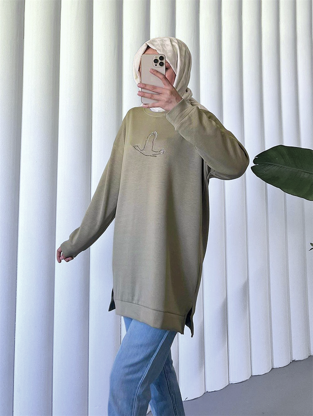 Kuş Desenli Taşlı Osyho Tunik  -Haki-104-1420-R05