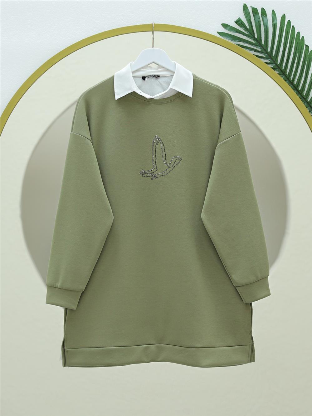 Kuş Desenli Taşlı Osyho Tunik  -Haki-104-1420-R05