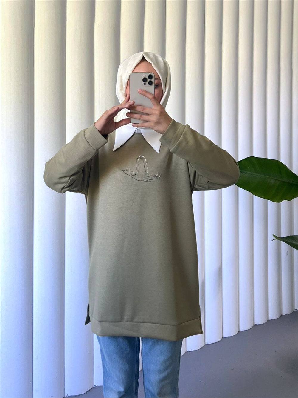Kuş Desenli Taşlı Osyho Tunik  -Haki-104-1420-R05