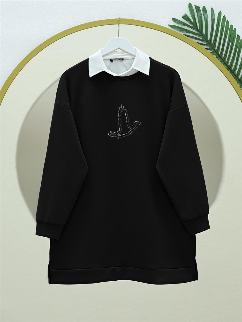 Kuş Desenli Taşlı Osyho Tunik  -Siyah-104-1420-R01