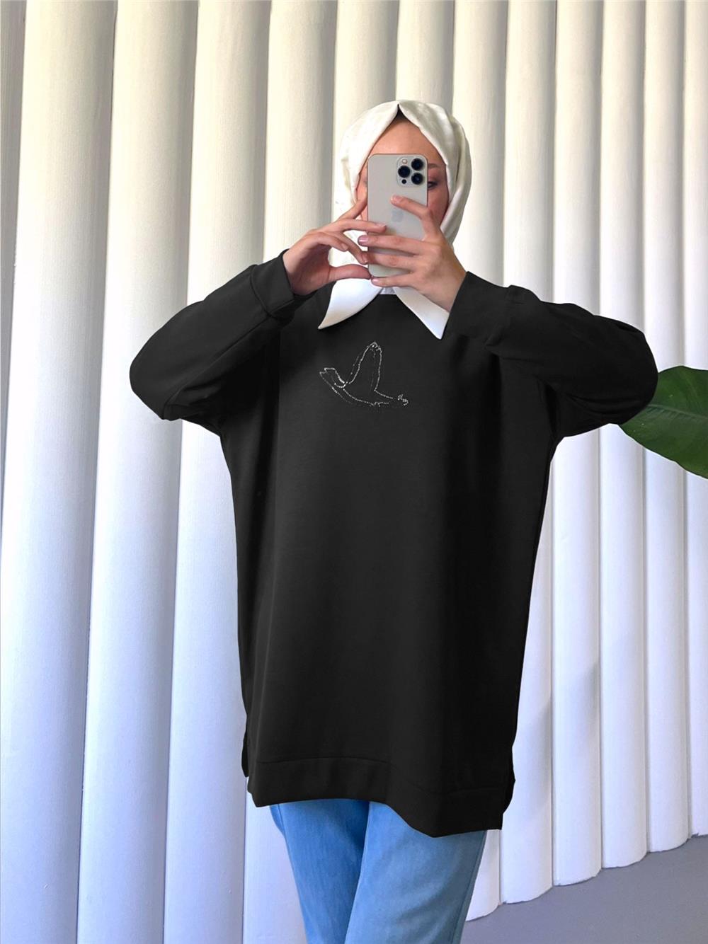 Kuş Desenli Taşlı Osyho Tunik  -Siyah-104-1420-R01