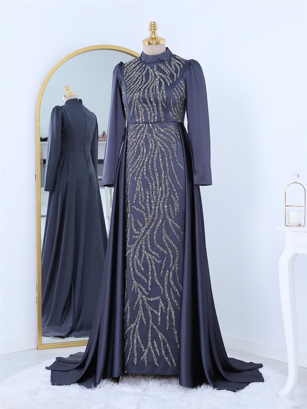 Tailed Bead Embroidered Satin Evening Dress -Anthracite-314-2299-R64